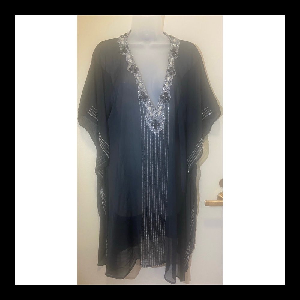 Kaftan Black coverup chiffon jeweled intricately sparkling